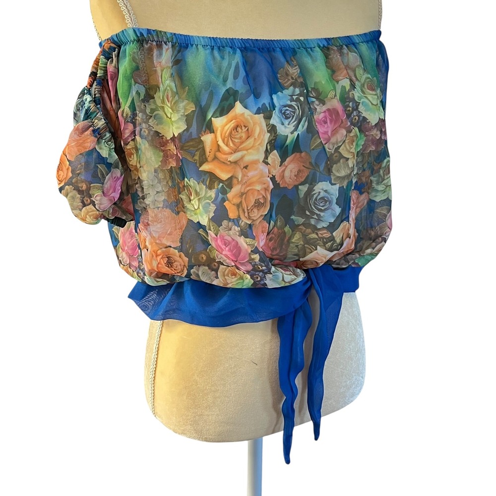 Floral Chiffon Off Shoulder Crop Top Tie Front Blouse Summer Boho Women's XS - Picture 3 of 16